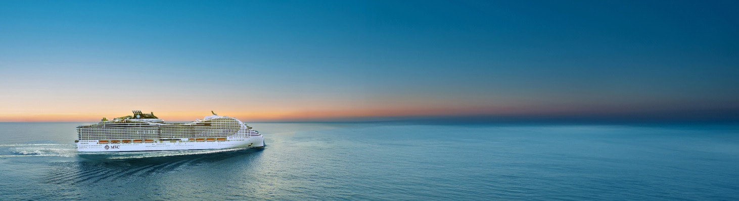 MSC cruise ship sailing across calm blue waters at sunrise, showcasing modern design and open decks.