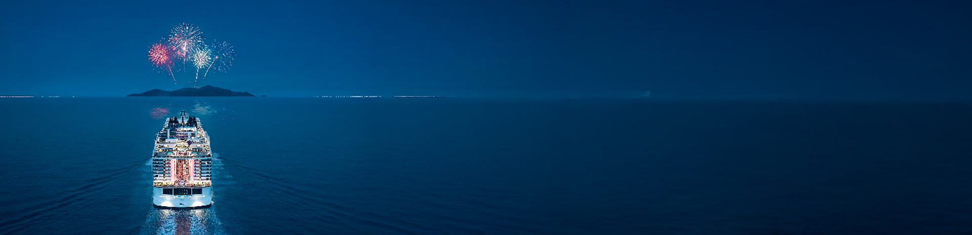 MSC cruise ship sailing across calm blue waters at sunrise, showcasing modern design and open decks.
