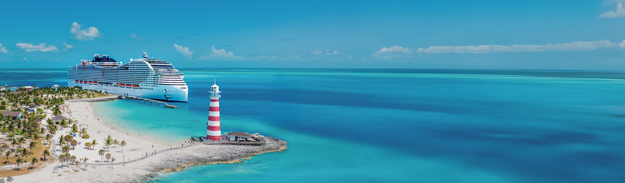 MSC cruise ship sailing across calm blue waters at sunrise, showcasing modern design and open decks.