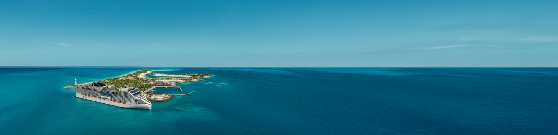 MSC cruise ship sailing across calm blue waters at sunrise, showcasing modern design and open decks.