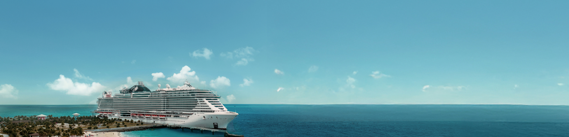 MSC cruise ship sailing across calm blue waters at sunrise, showcasing modern design and open decks.