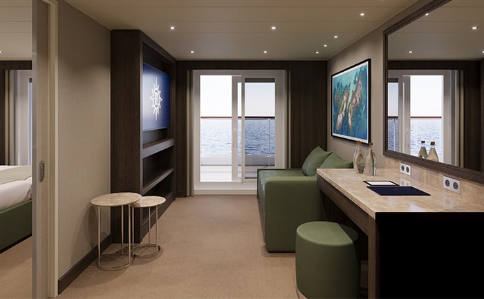 This inviting separate living room is part of the Two-Room Grand Suite on MSC Poesia. The separate living room provides enhanced privacy in the separate bedroom.