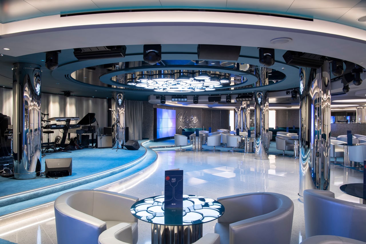 Haven Lounge on MSC Seaview features cozy seating, a stage and piano for entertainment | MSC Cruises