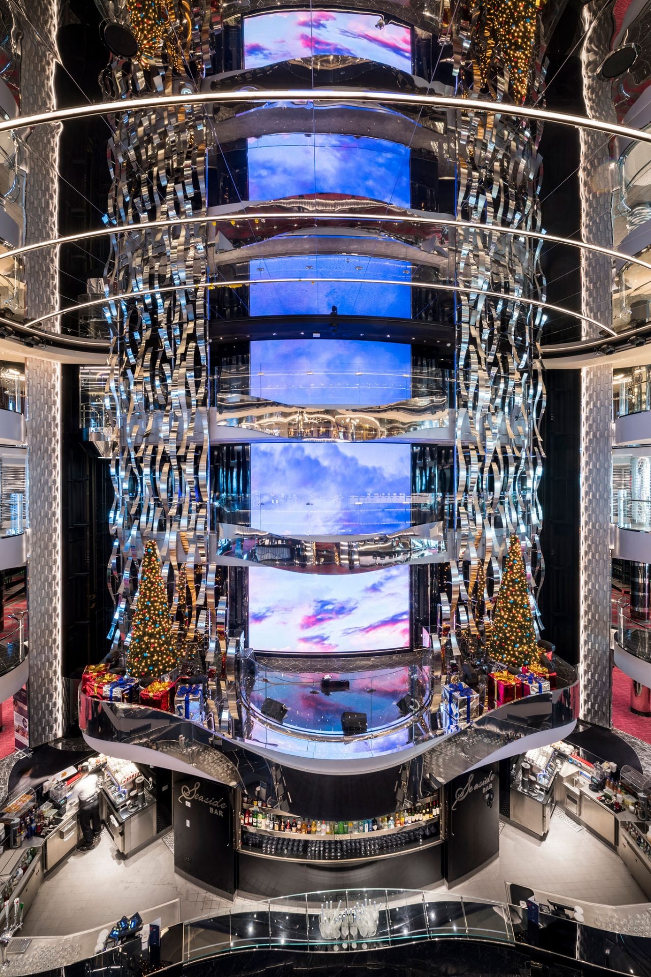 Tall LED feature and bar counter in the atrium of MSC Seaside | MSC Cruises