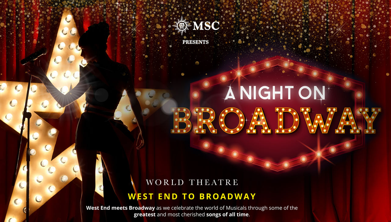 Performer silhouette beside a large star and Broadway Night sign in vibrant colors | MSC Cruises