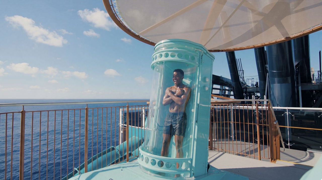 A waterslide on a cruise ship overlooking the ocean and a clear sky | MSC Cruises