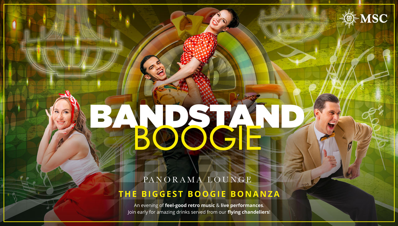 Dancers perform Bandstand Boogie on MSC Cruises with vibrant stage decor | MSC Cruises