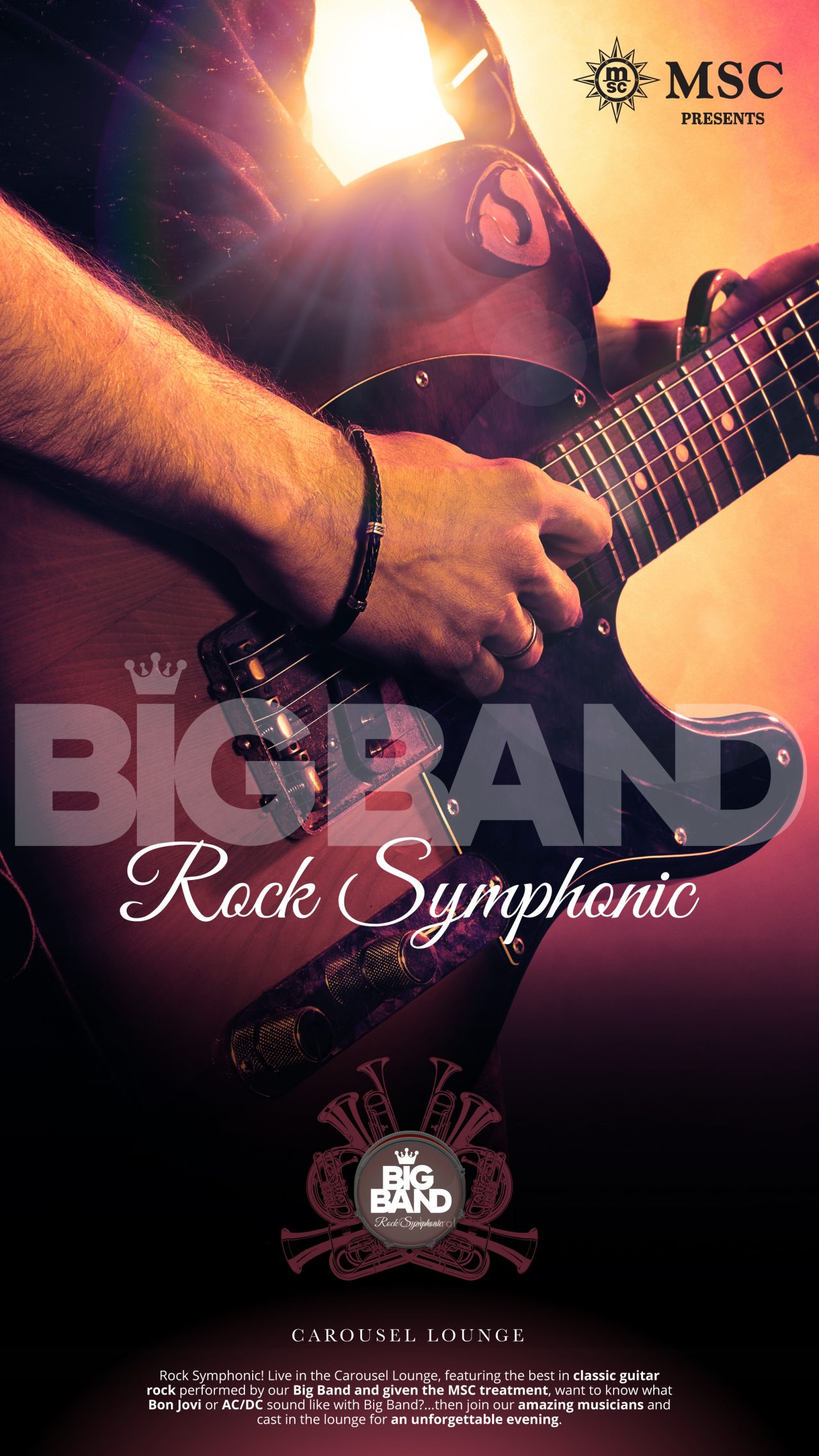 A hand holds a guitar on stage with inspiring lighting in the background | MSC Cruises