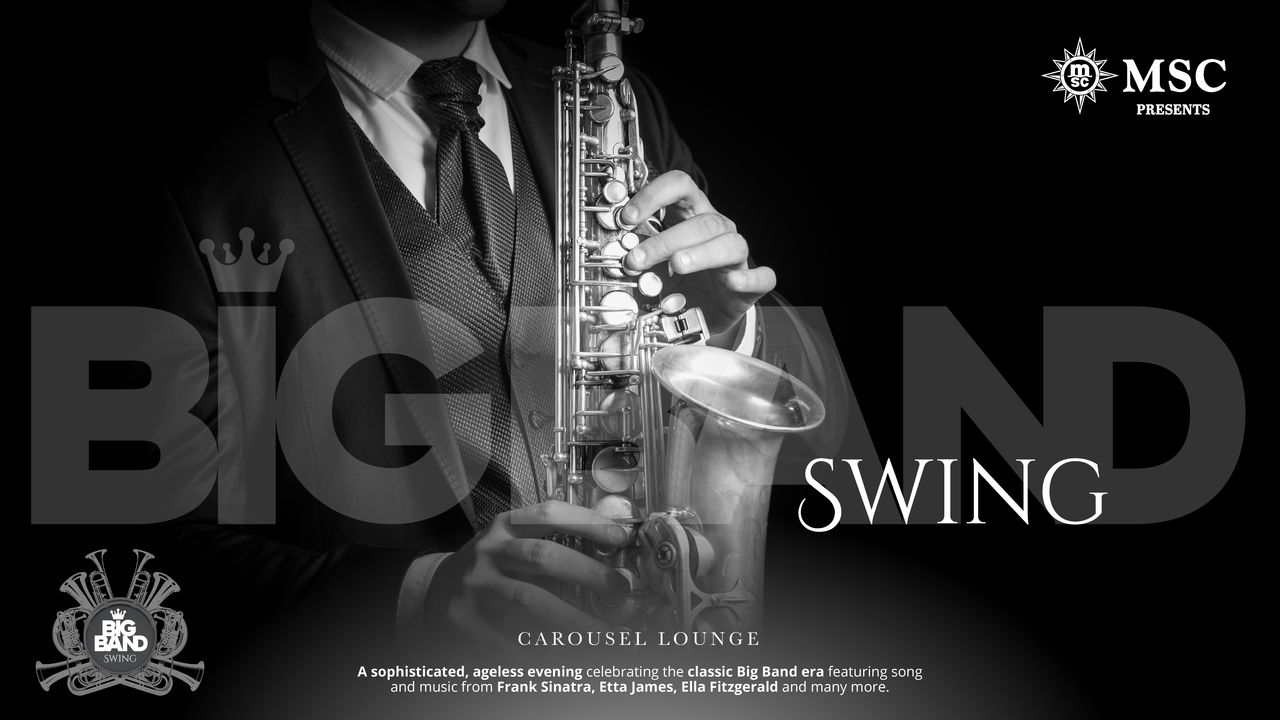 Stylized jazz orchestra elements with Big Band Swing lettering in the foreground | MSC Cruises