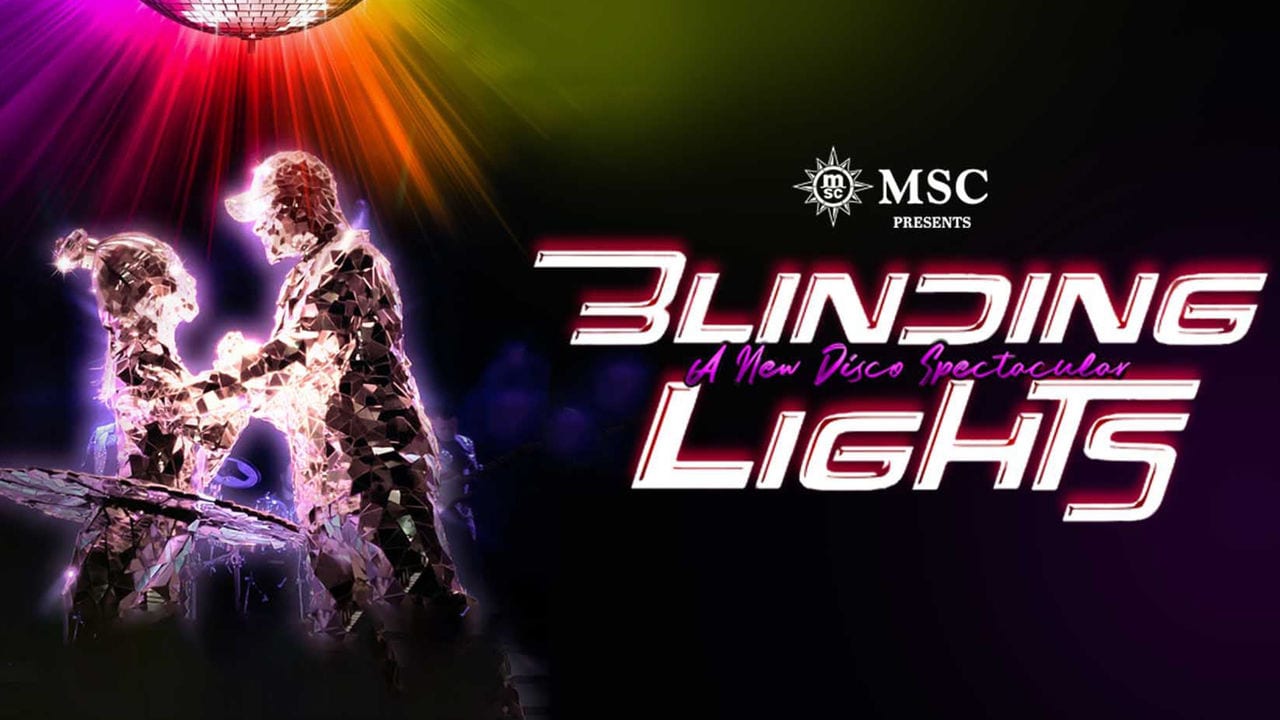 Two people dancing under vibrant lights with the words Blinding Lights | MSC Cruises