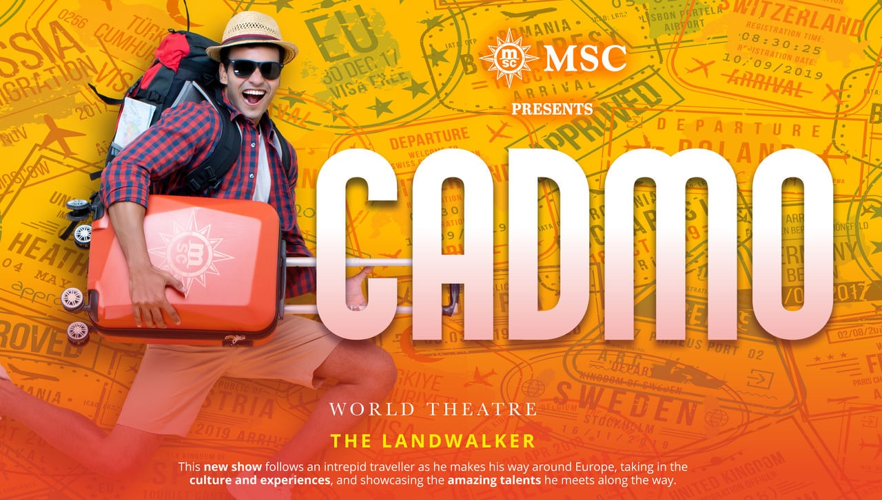 A performer with a backpack and suitcase walks across a vibrant Cadmo-themed background | MSC Cruises