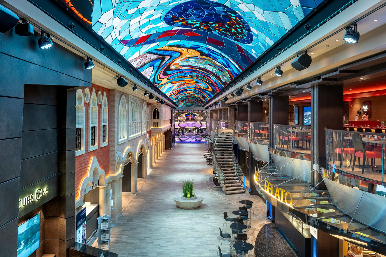 Galleria Euribia promenade on MSC Euribia featuring a vibrant LED dome and entertainment venues | MSC Cruises