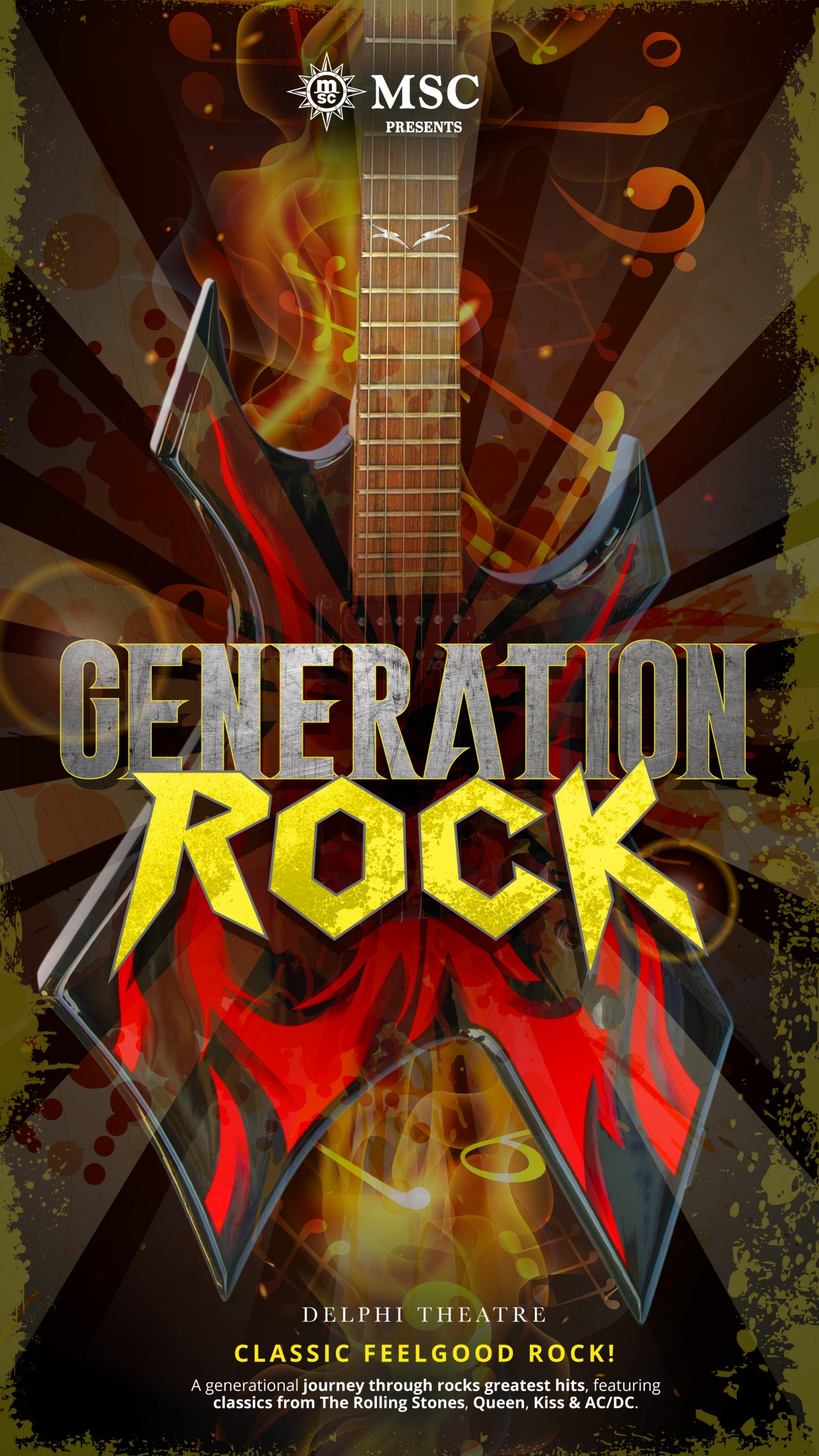 Poster for a musical show featuring bold rock themes and inspiring stage lights | MSC Cruises