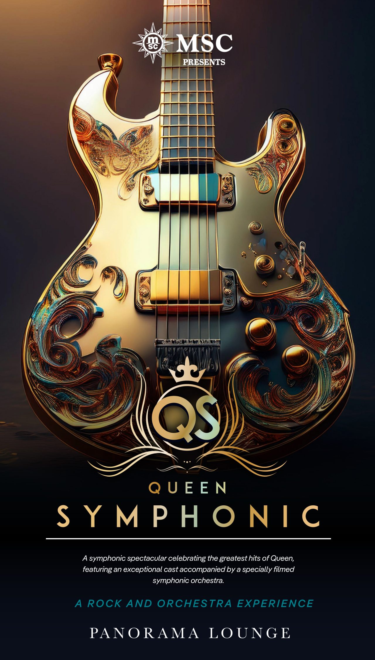 Golden electric guitar with ornate details highlights Queen Symphonic concert | MSC Cruises