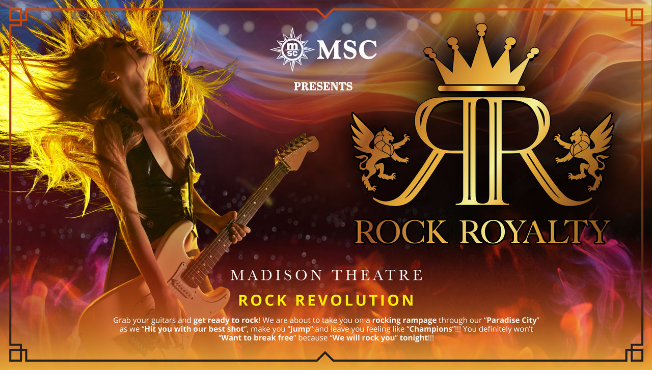 Stage performer with Rock Royalty logo and vibrant background on MSC Cruises entertainment | MSC Cruises