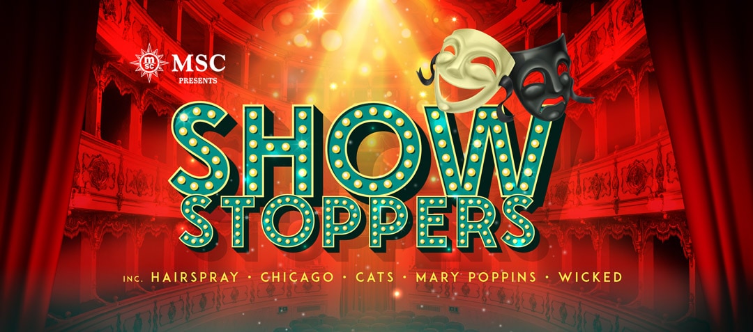 Stage illuminated with vibrant lights and highlighted Show Stoppers text | MSC Cruises