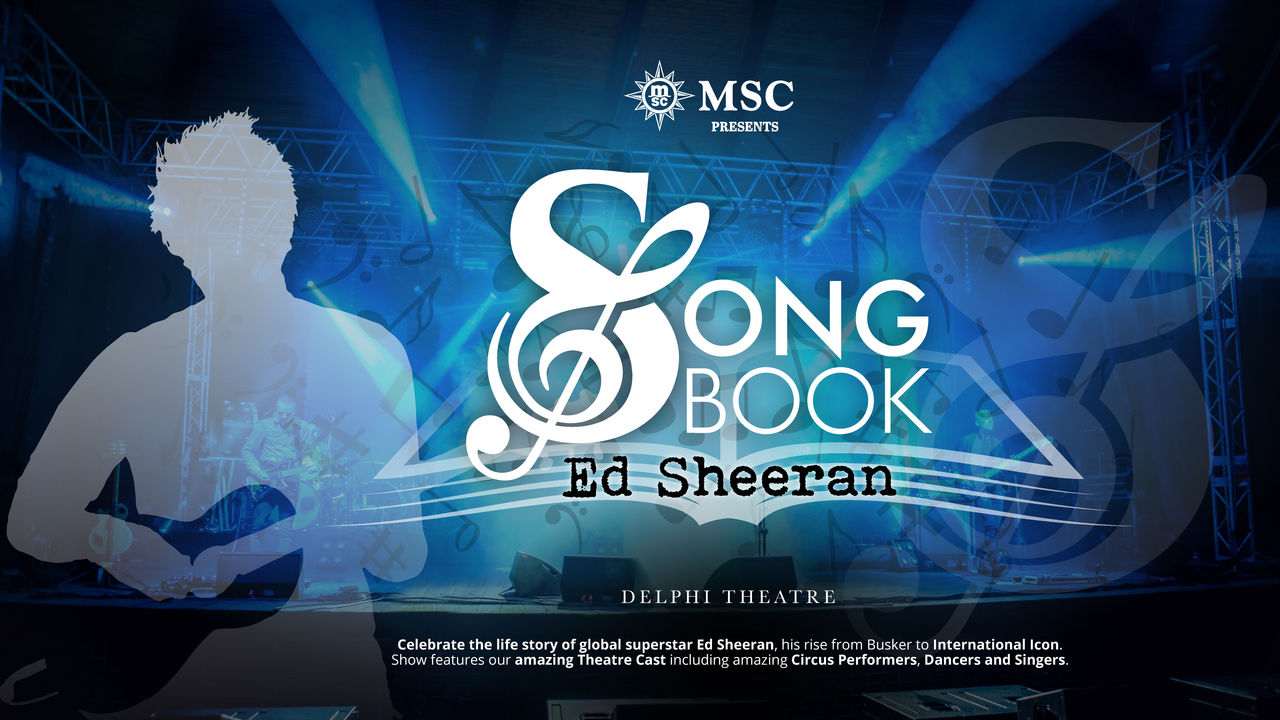 Bright silhouette holding a guitar against a blue stage with musical elements | MSC Cruises