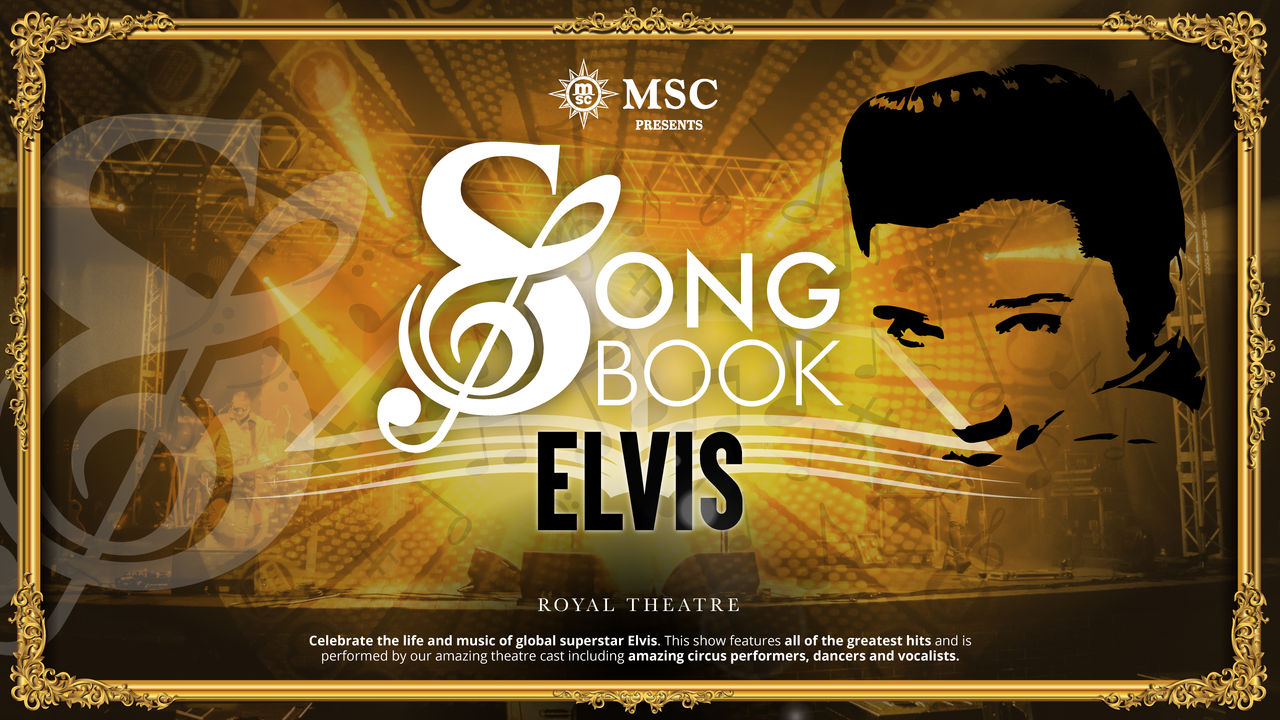 Golden background with artistic elements and text inspired by the musical style of Elvis | MSC Cruises