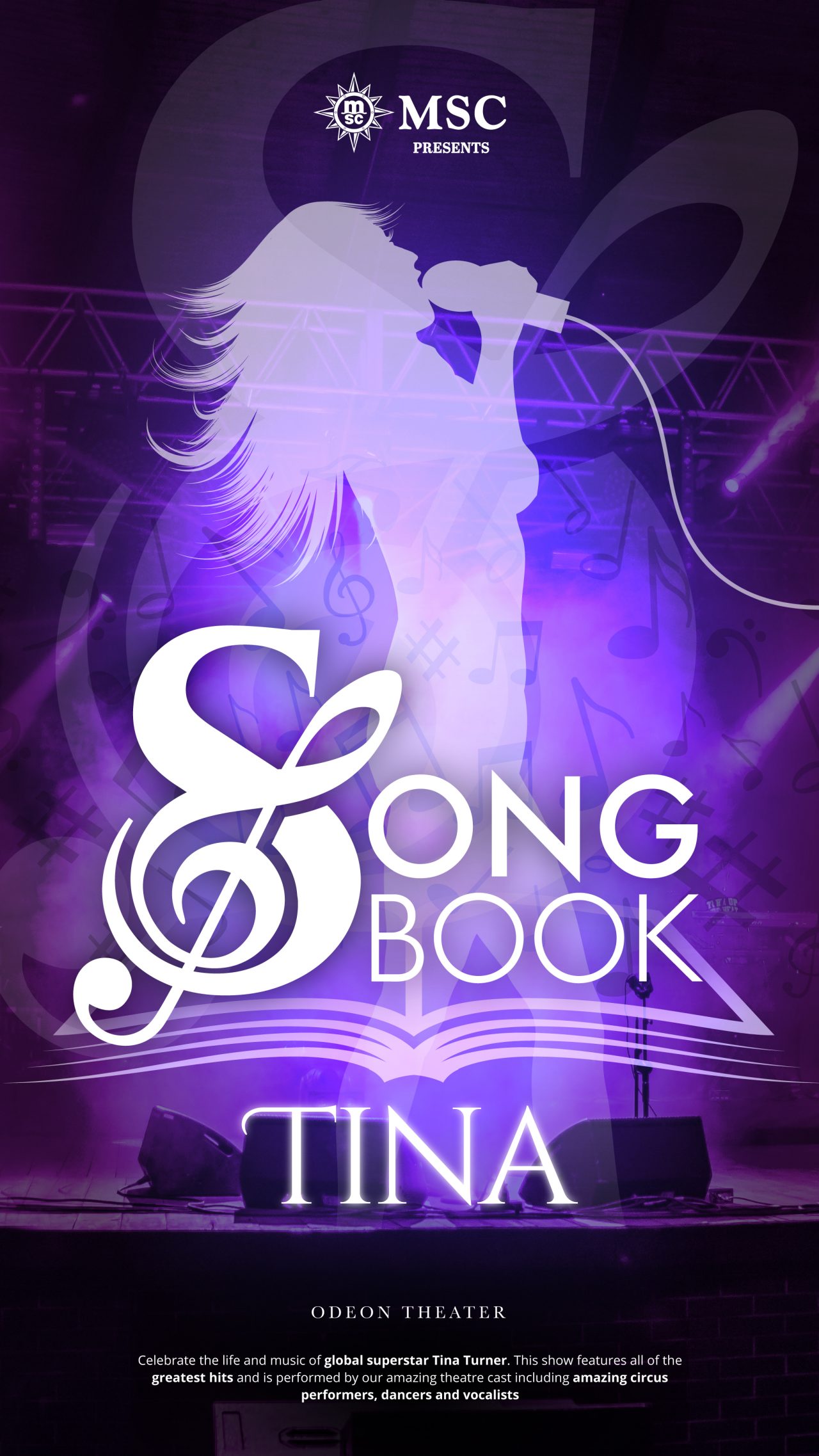 Poster featuring an artistic silhouette and Song Book Tina text on a purple background | MSC Cruises