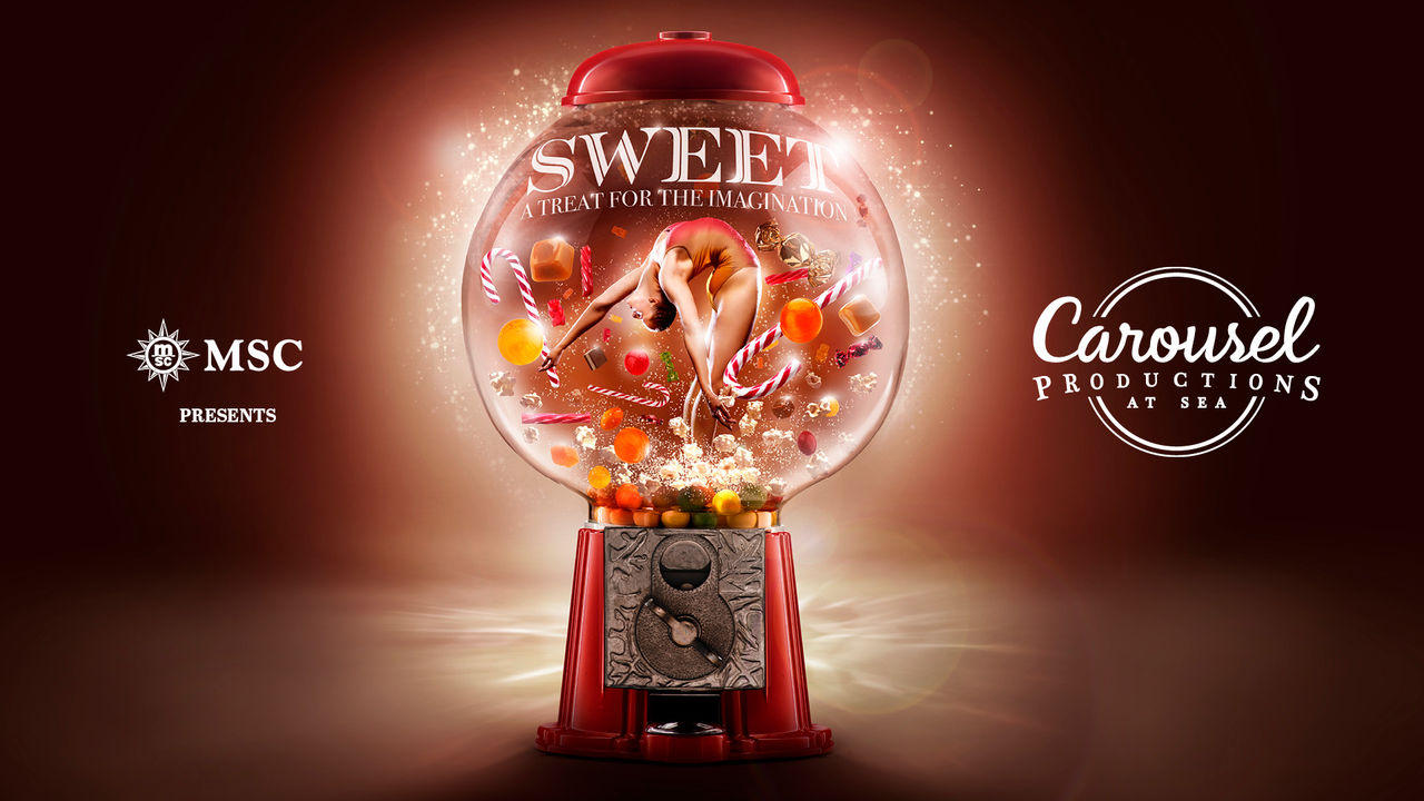 Red gumball machine filled with sweets against a bright background with MSC logo | MSC Cruises