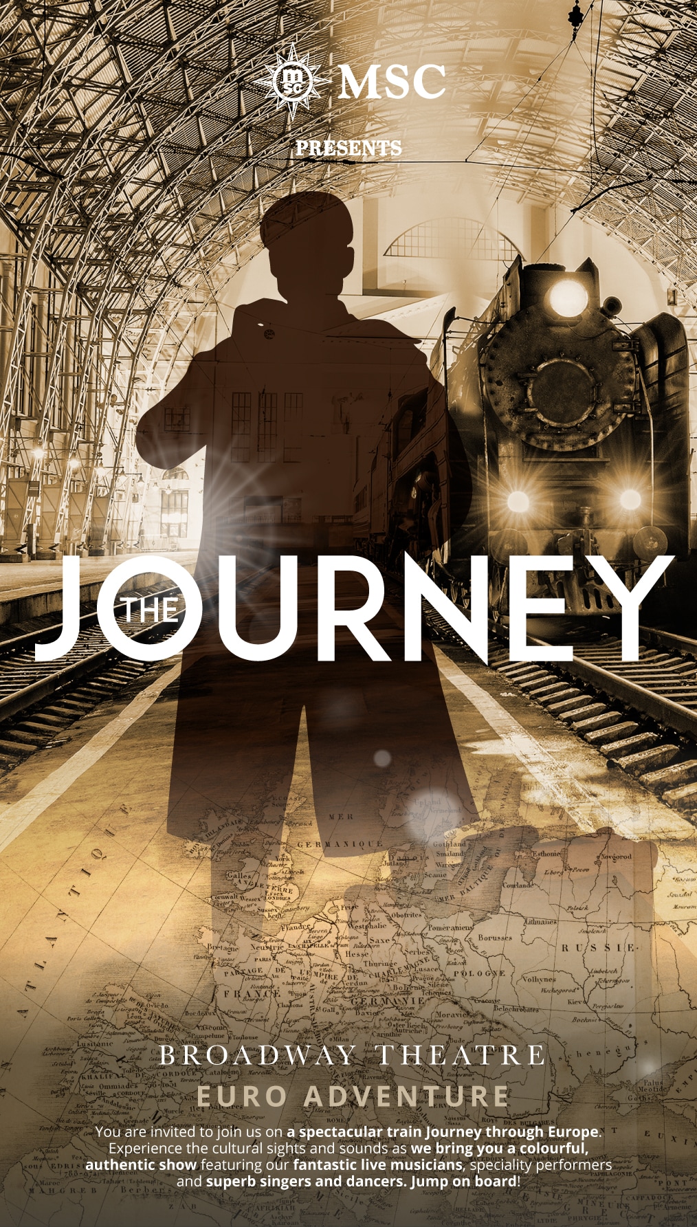 Silhouette of a person walking toward light in a tunnel with a train in the background | MSC Cruises