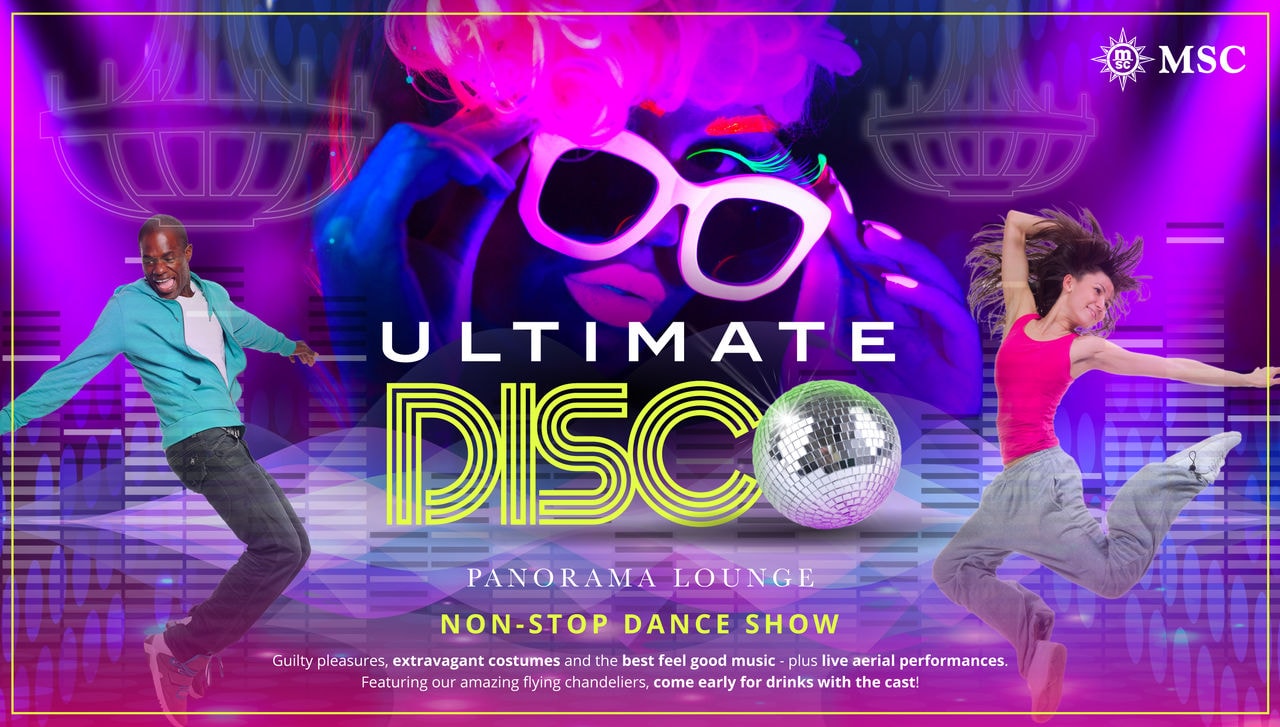 Two people dance on a vibrant stage with oversized sunglasses in the background | MSC Cruises
