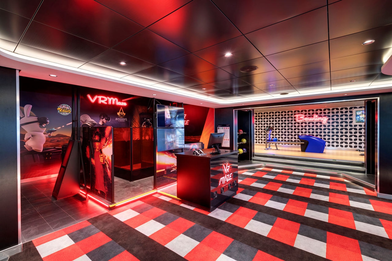 Entrance to the VR Maze and bowling area on MSC Grandiosa with vibrant entertainment options | MSC Cruises