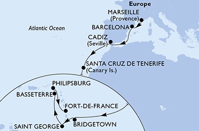 France, Spain, Barbados, Grenada, Saint Kitts and Nevis, Netherlands Antilles, Martinique