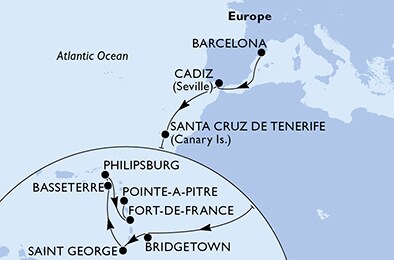 Spain, Barbados, Grenada, Saint Kitts and Nevis, Netherlands Antilles, Martinique, Guadeloupe