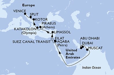 United Arab Emirates, Oman, Israel, Jordan, Egypt, Cyprus, Greece, Montenegro, Croatia, Italy