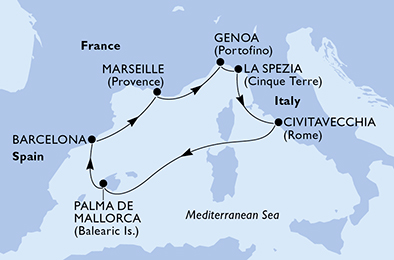 Mapa MSC World Europa 2027: Đenova, La Spezia, Rim, Palma de Majorka, Barselona, Marsej