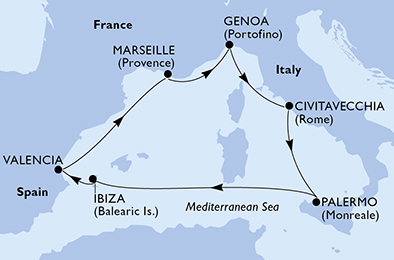 Mapa krstarenja MSC Musica: Đenova, Rim, Palermo, Ibica, Valensija, Marsej